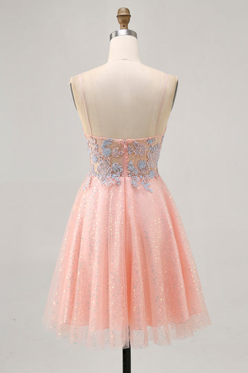 Blush Sequin A Line Homecoming Dress with Appliques
